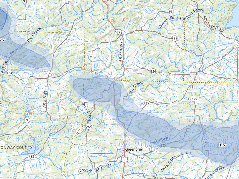 NEXRAD radar-signature map of the hail storm over Damascus, AR on May 10, 2026