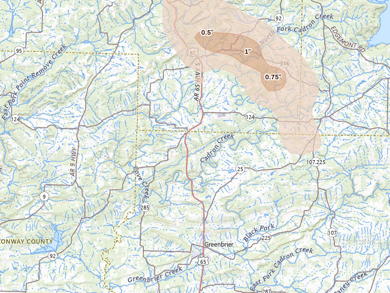 Radar-estimated hail-size map of the storm over Damascus, AR on May 30, 2026