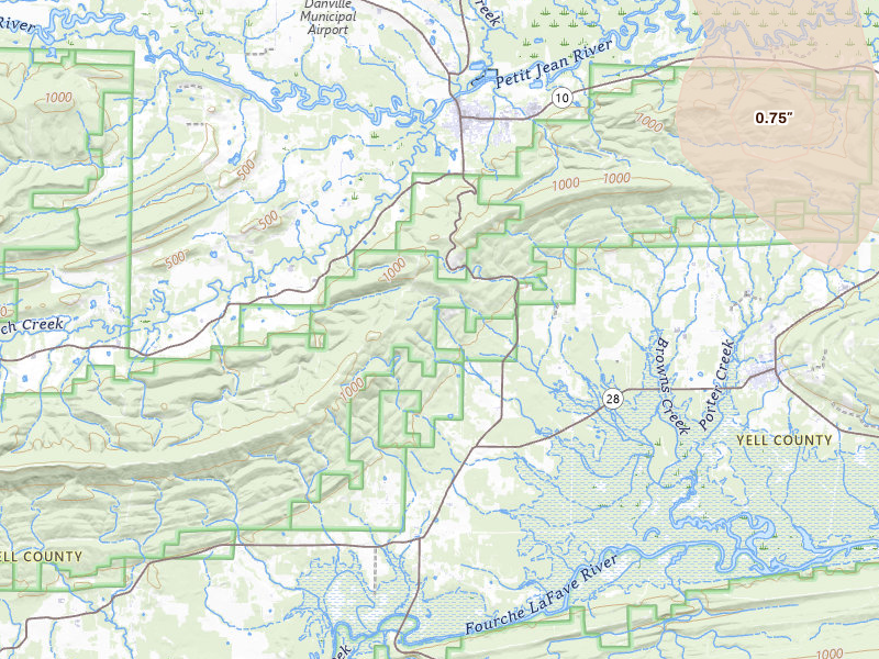 Radar-estimated hail-size map of the storm over Danville, AR on Jul 6, 2026