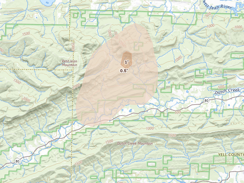 Radar-estimated hail-size map of the storm over Danville, AR on Jul 8, 2026