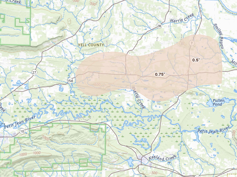 Radar-estimated hail-size map of the storm over Danville, AR on Aug 17, 2026