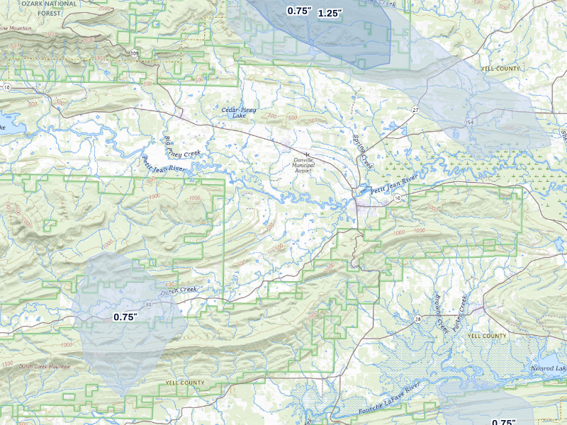 NEXRAD radar-signature map of the hail storm over Danville, AR on Aug 26, 2026