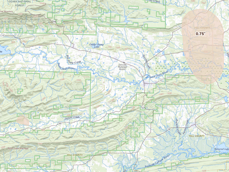 Radar-estimated hail-size map of the storm over Danville, AR on Sep 12, 2026