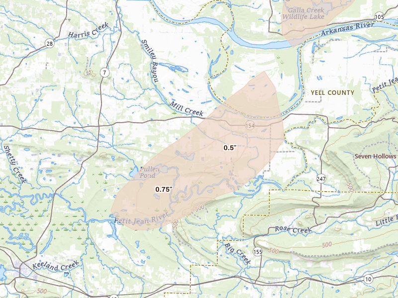 Radar-estimated hail-size map of the storm over Dardanelle, AR on May 30, 2026