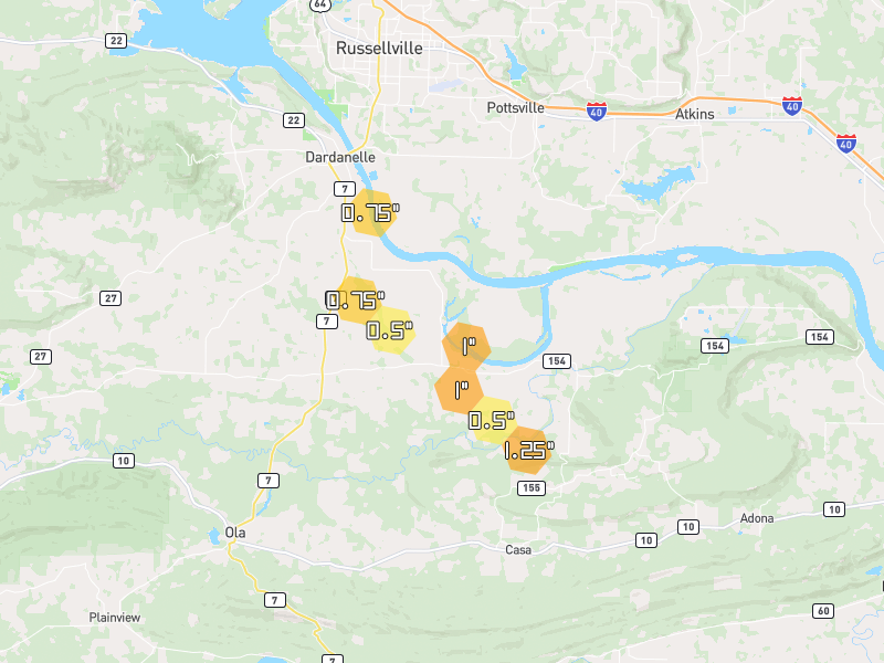 Hail map of Dardanelle, AR on Jul 4, 2026, hail up to 1.25"