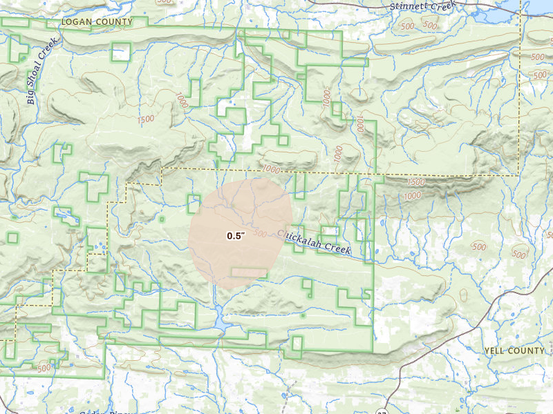 Radar-estimated hail-size map of the storm over Dardanelle, AR on Aug 26, 2026
