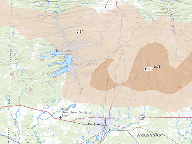Radar-estimated hail-size map of the storm over De Queen, AR on Mar 15, 2026