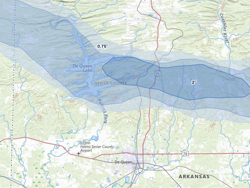 NEXRAD radar-signature map of the hail over De Queen, AR