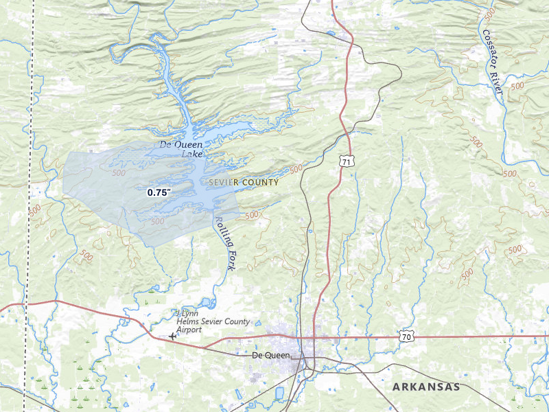 NEXRAD radar-signature map of the hail over De Queen, AR