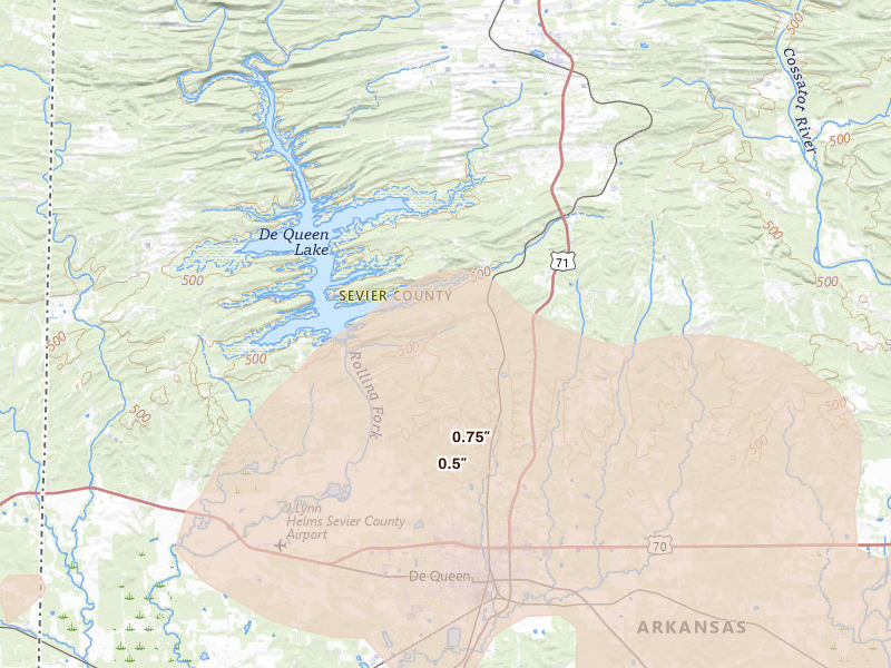 Radar-estimated hail-size map of the storm over De Queen, AR on Apr 28, 2026