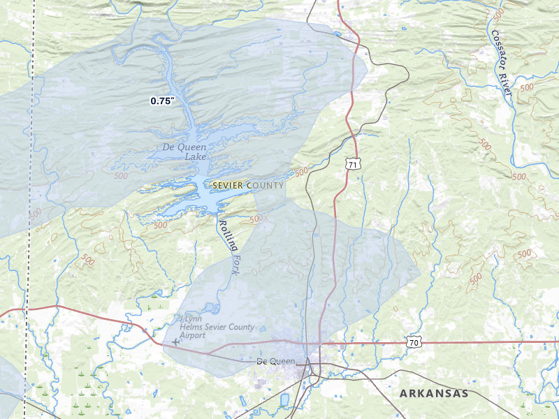 NEXRAD radar-signature map of the hail storm over De Queen, AR on Apr 28, 2026