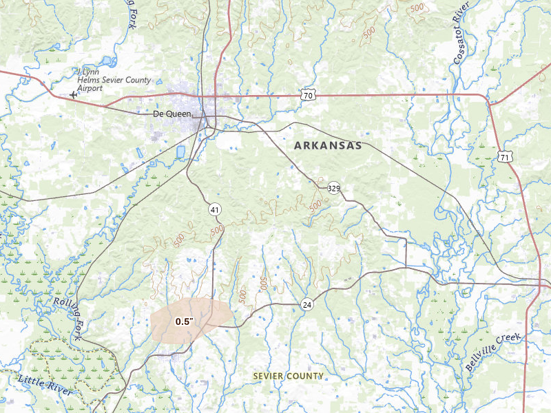 Radar-estimated hail-size map of the storm over De Queen, AR on Apr 29, 2026