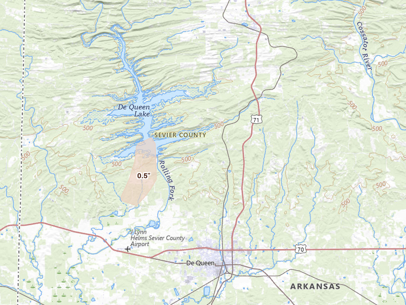 Radar-estimated hail-size map of the storm over De Queen, AR on Jun 7, 2026