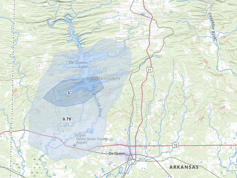 NEXRAD radar-signature map of the hail storm over De Queen, AR on Jun 7, 2026