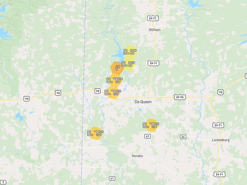 Hail map of De Queen, AR on Jun 7, 2026, hail up to 1"