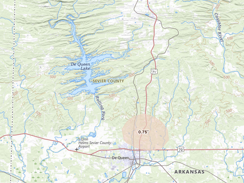 Radar-estimated hail-size map of the storm over De Queen, AR on Jul 4, 2026