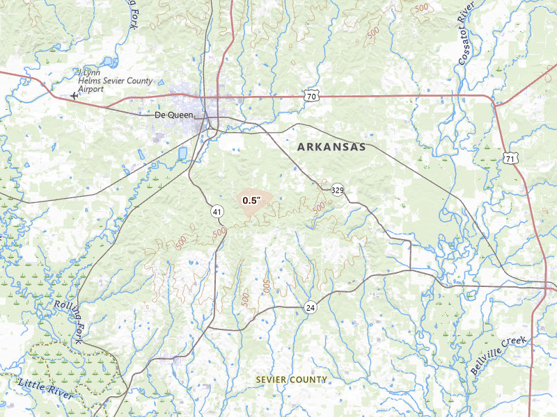 Radar-estimated hail-size map of the storm over De Queen, AR on Aug 8, 2026