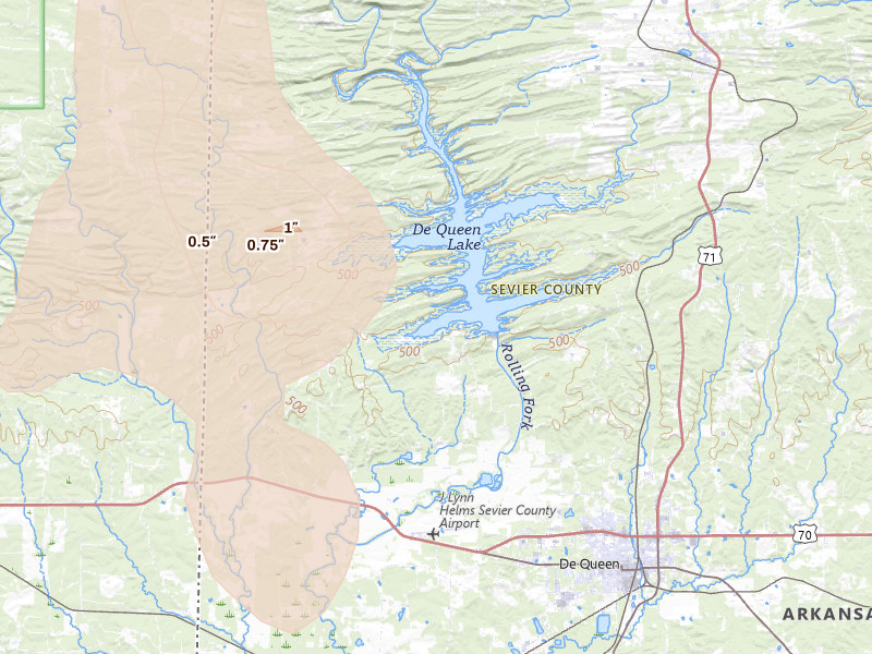 Radar-estimated hail-size map of the storm over De Queen, AR on Aug 20, 2026