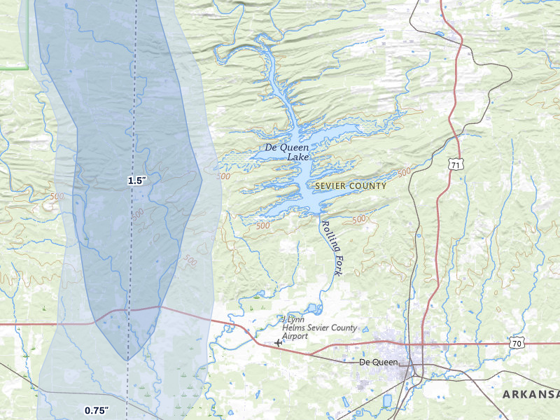 NEXRAD radar-signature map of the hail storm over De Queen, AR on Aug 20, 2026