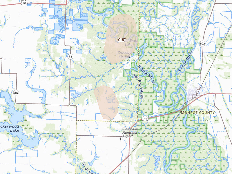 Radar-estimated hail-size map of the storm over De Valls Bluff, AR on Aug 7, 2026