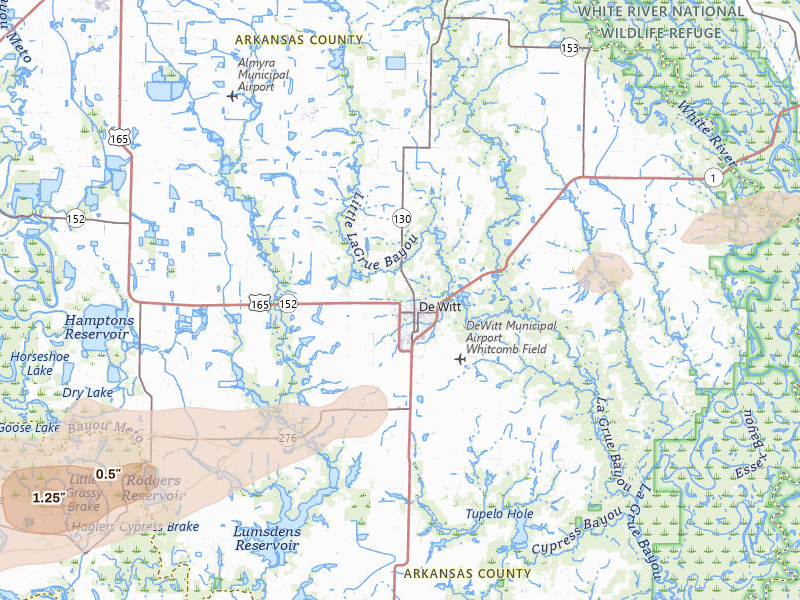 Radar-estimated hail-size map of the storm over De Witt, AR on Mar 15, 2026