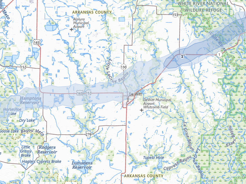NEXRAD radar-signature map of the hail storm over De Witt, AR on Apr 28, 2026