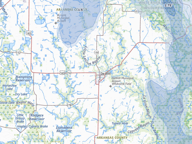 NEXRAD radar-signature map of the hail storm over De Witt, AR on Jun 1, 2026