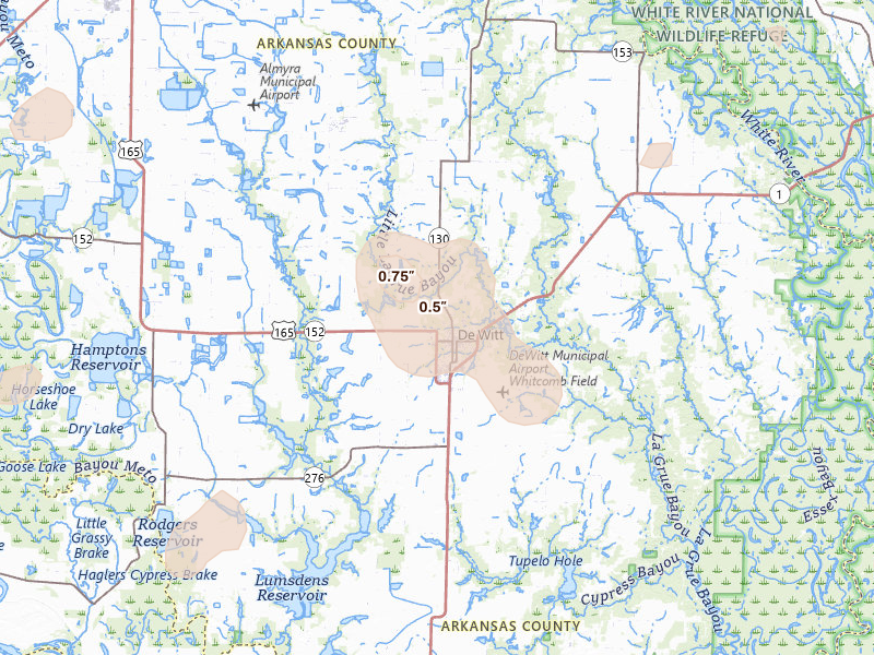 Radar-estimated hail-size map of the storm over De Witt, AR on Jul 11, 2026