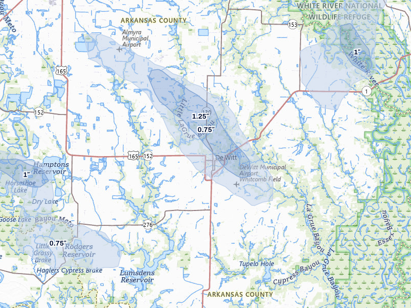 NEXRAD radar-signature map of the hail storm over De Witt, AR on Jul 11, 2026