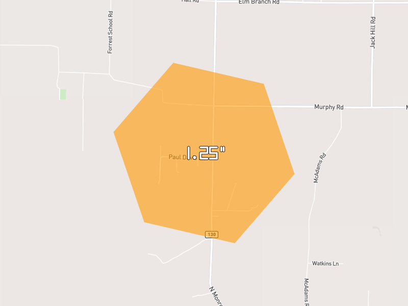 Hail map of De Witt, AR on Jul 11, 2026, hail up to 1.25"