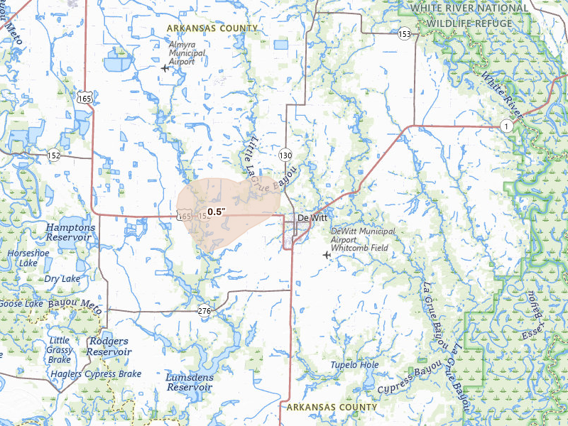 Radar-estimated hail-size map of the storm over De Witt, AR on Jul 29, 2026