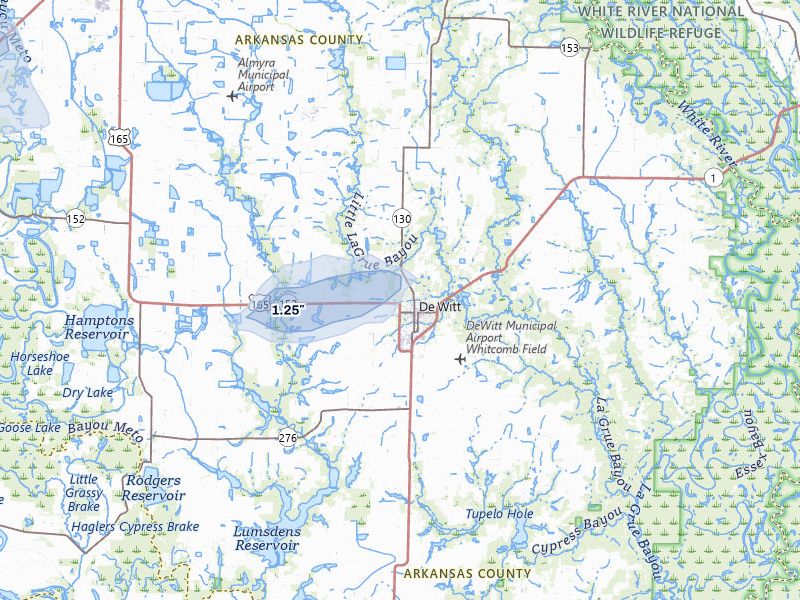 NEXRAD radar-signature map of the hail storm over De Witt, AR on Jul 29, 2026