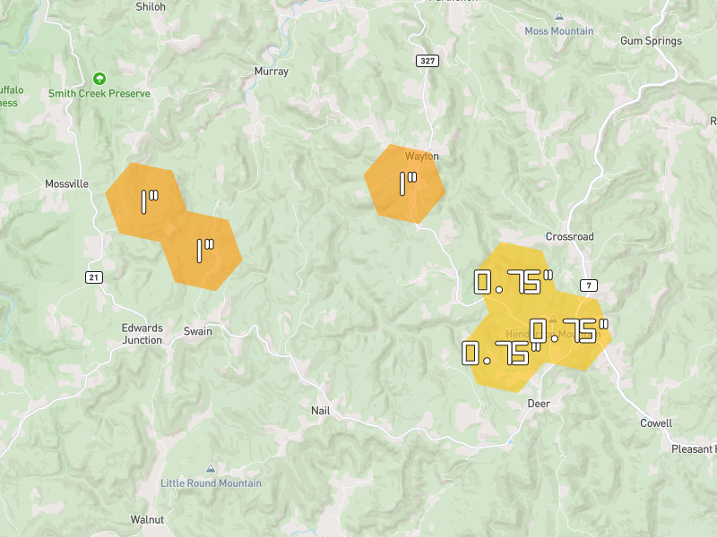 Hail map of Deer, AR on Jun 1, 2026, hail up to 1"