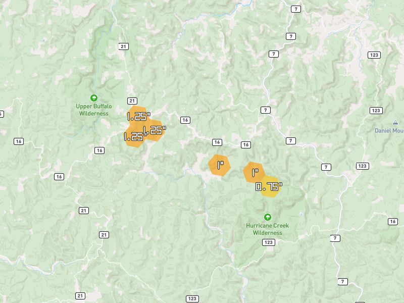 Hail map of Deer, AR on Jun 2, 2026, hail up to 1.25"