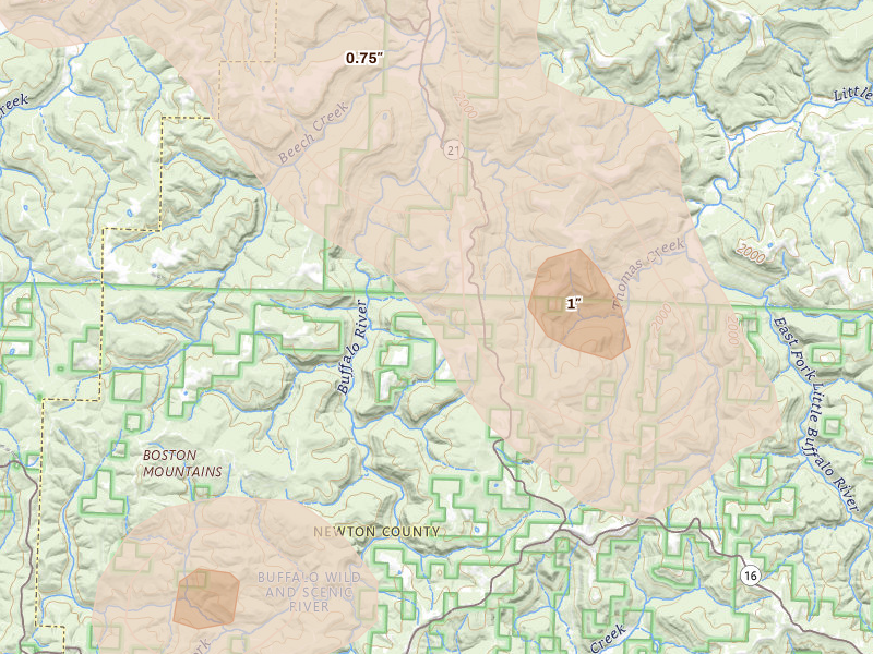 Radar-estimated hail-size map of the storm over Deer, AR on Aug 6, 2026