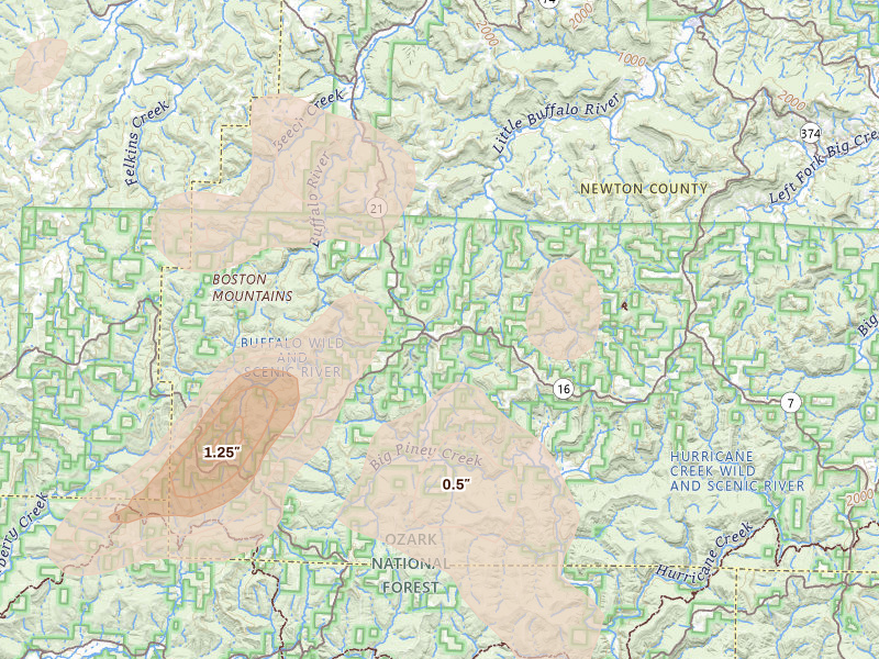Radar-estimated hail-size map of the storm over Deer, AR on Aug 7, 2026