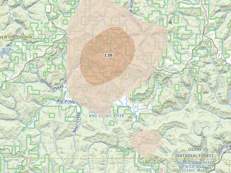 Radar-estimated hail-size map of the storm over Deer, AR on Aug 26, 2026