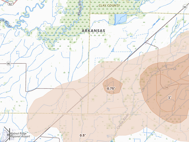 Radar-estimated hail-size map of the storm over Delaplaine, AR on Jul 9, 2026