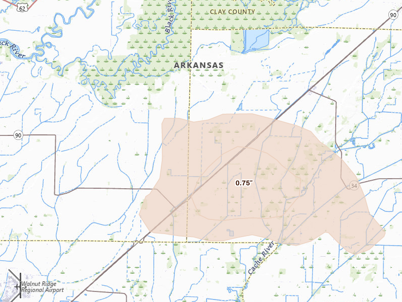 Radar-estimated hail-size map of the storm over Delaplaine, AR on Jul 31, 2026
