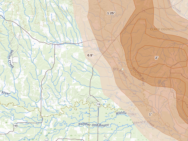 Radar-estimated hail-size map of the storm over Delight, AR on Apr 25, 2026