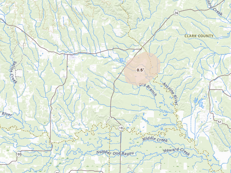 Radar-estimated hail-size map of the storm over Delight, AR on Jun 12, 2026