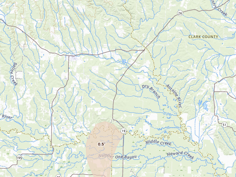 Radar-estimated hail-size map of the storm over Delight, AR on Jul 4, 2026