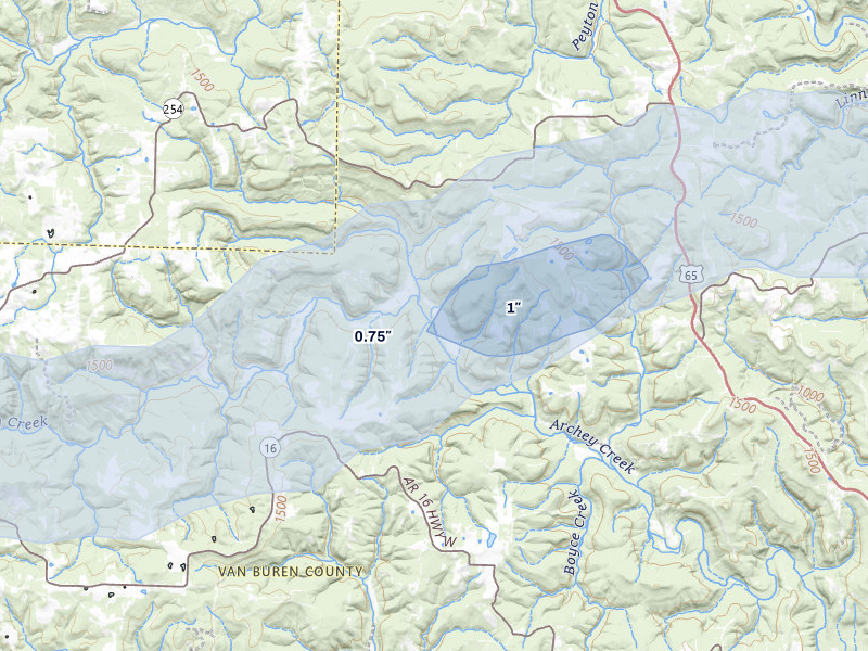 NEXRAD radar-signature map of the hail over Dennard, AR
