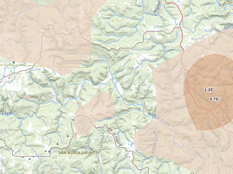 Radar-estimated hail-size map of the storm over Dennard, AR on Jun 1, 2026