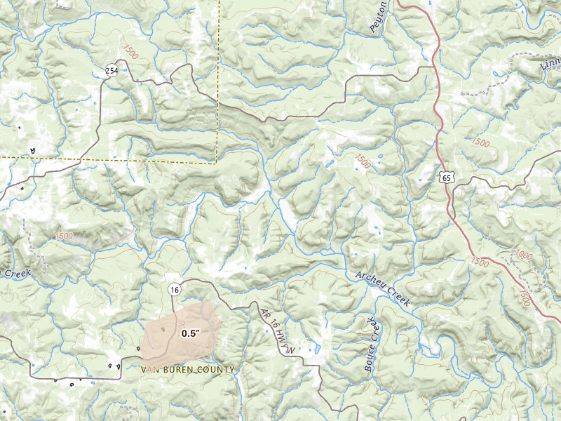 Radar-estimated hail-size map of the storm over Dennard, AR on Jul 3, 2026