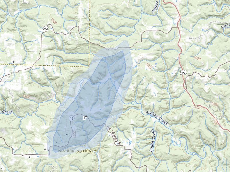 NEXRAD radar-signature map of the hail storm over Dennard, AR on Jul 3, 2026