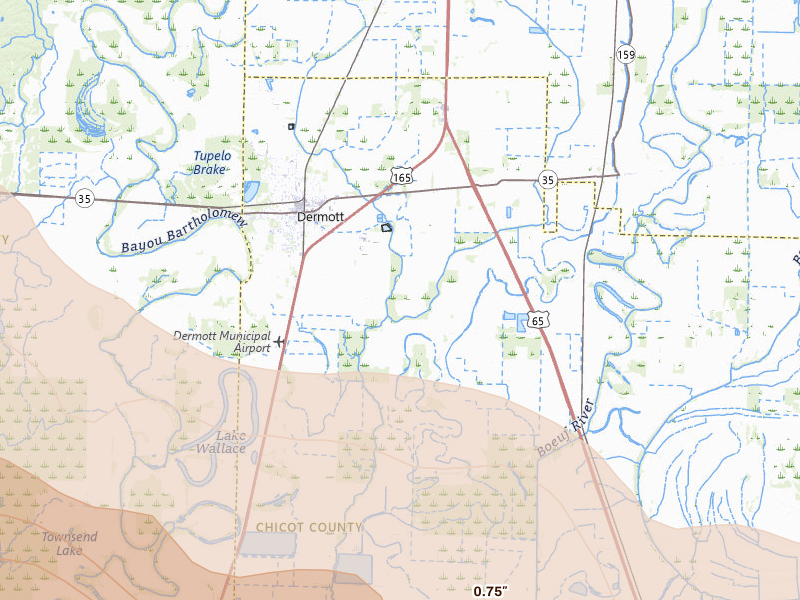 Radar-estimated hail-size map of the storm over Dermott, AR on Apr 28, 2026
