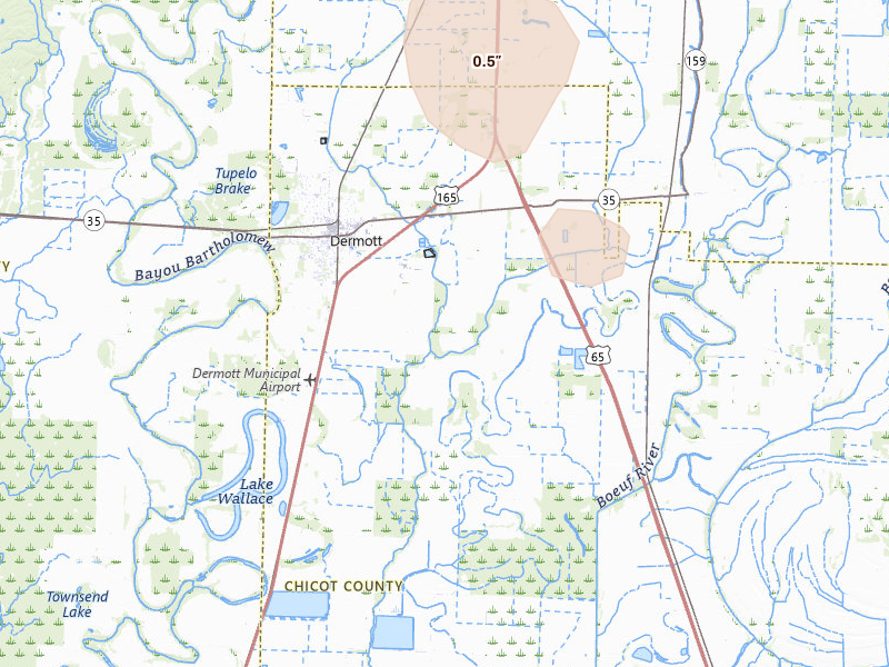 Radar-estimated hail-size map of the storm over Dermott, AR on Jun 1, 2026