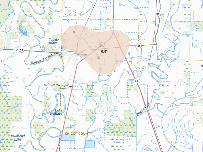 Radar-estimated hail-size map of the storm over Dermott, AR on Jul 7, 2026