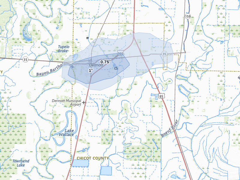 NEXRAD radar-signature map of the hail over Dermott, AR